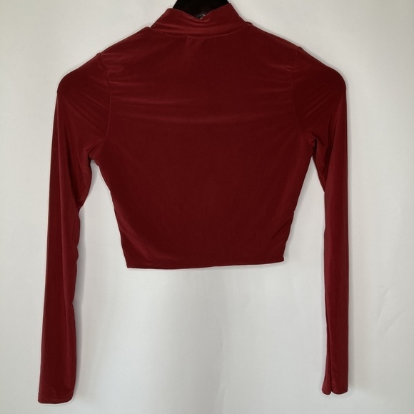PrettyLittleThing Maroon Slinky High Neck Long Sleeve Crop Top Size 2 - Picture 2 of 8
